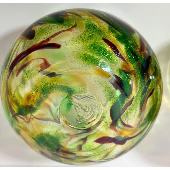 Handblown Art Glass Candle Holder Green Amber Swirl Unique Pair - Picture 5 of 6